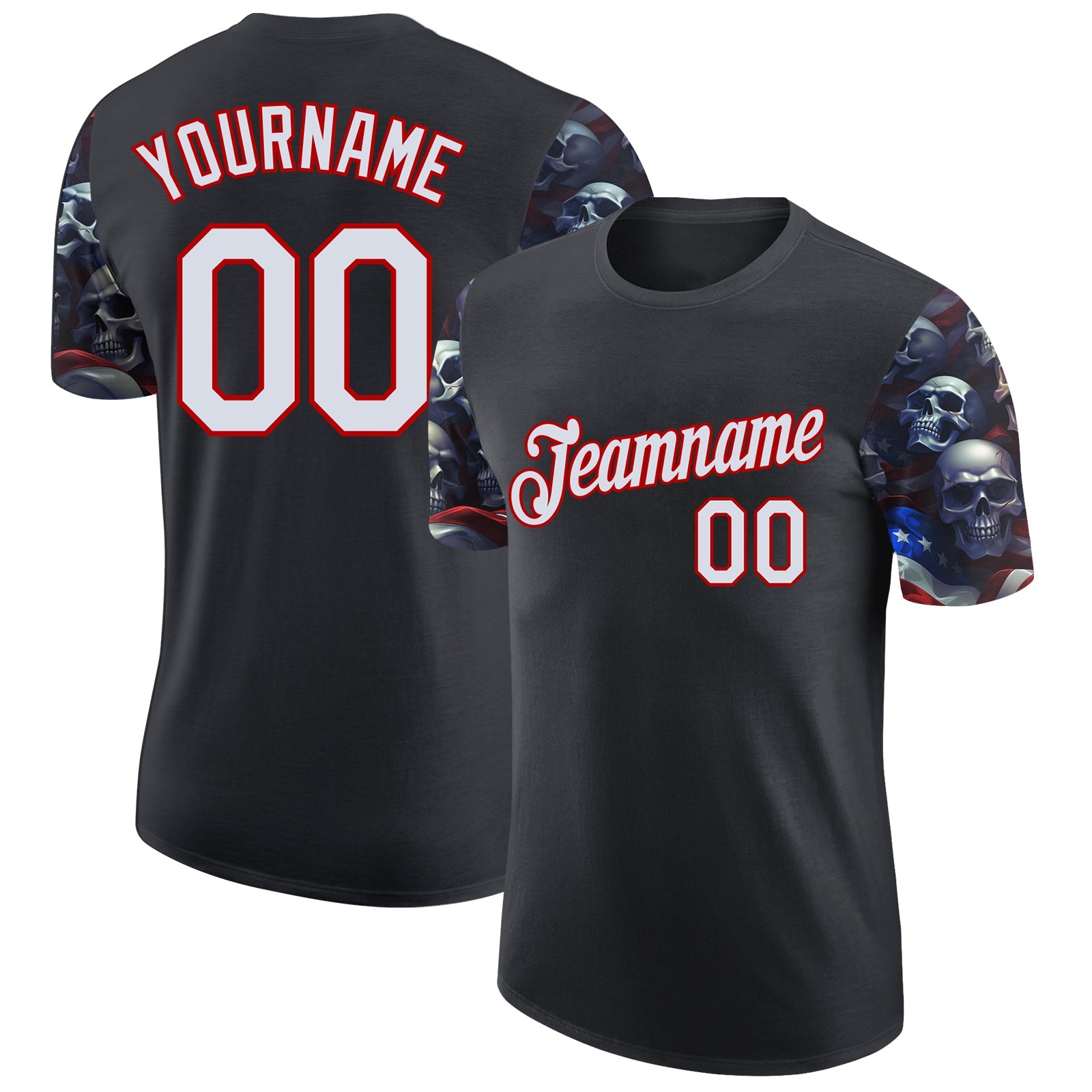 Custom Black White-Red 3D Skull And American Flag Performance T-Shirt - Main View