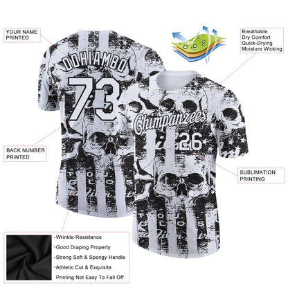 Custom White Black 3D Skull And American Flag Performance T-Shirt view 2