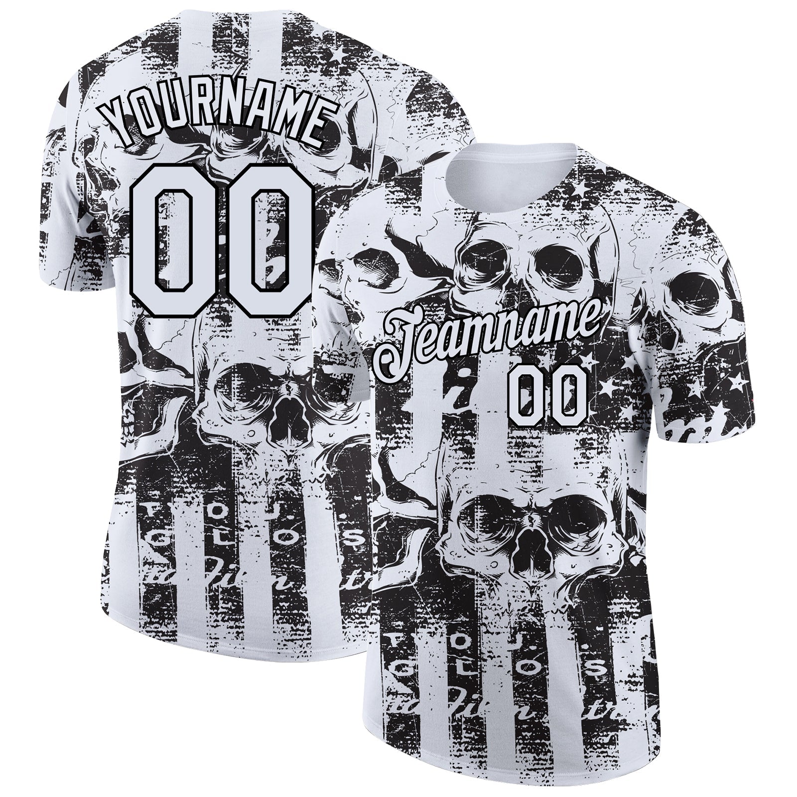 Custom White Black 3D Skull And American Flag Performance T-Shirt - Main View