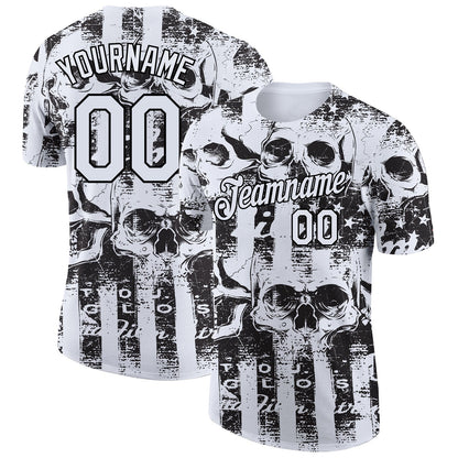 Custom White Black 3D Skull And American Flag Performance T-Shirt - Main View