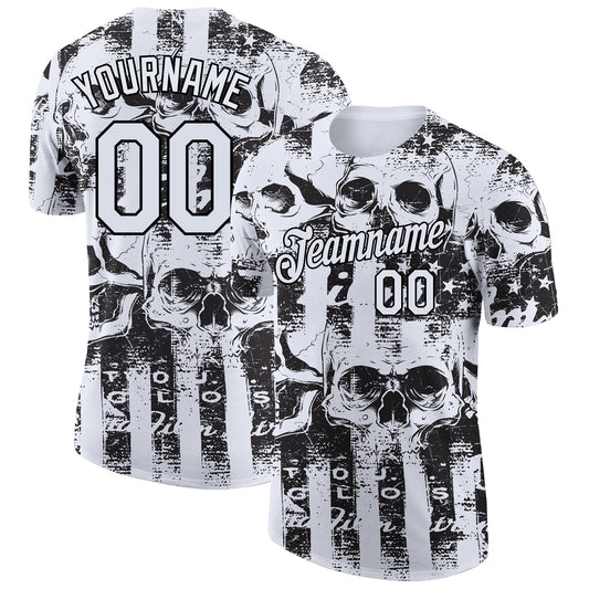 Custom White Black 3D Skull And American Flag Performance T-Shirt - Main View