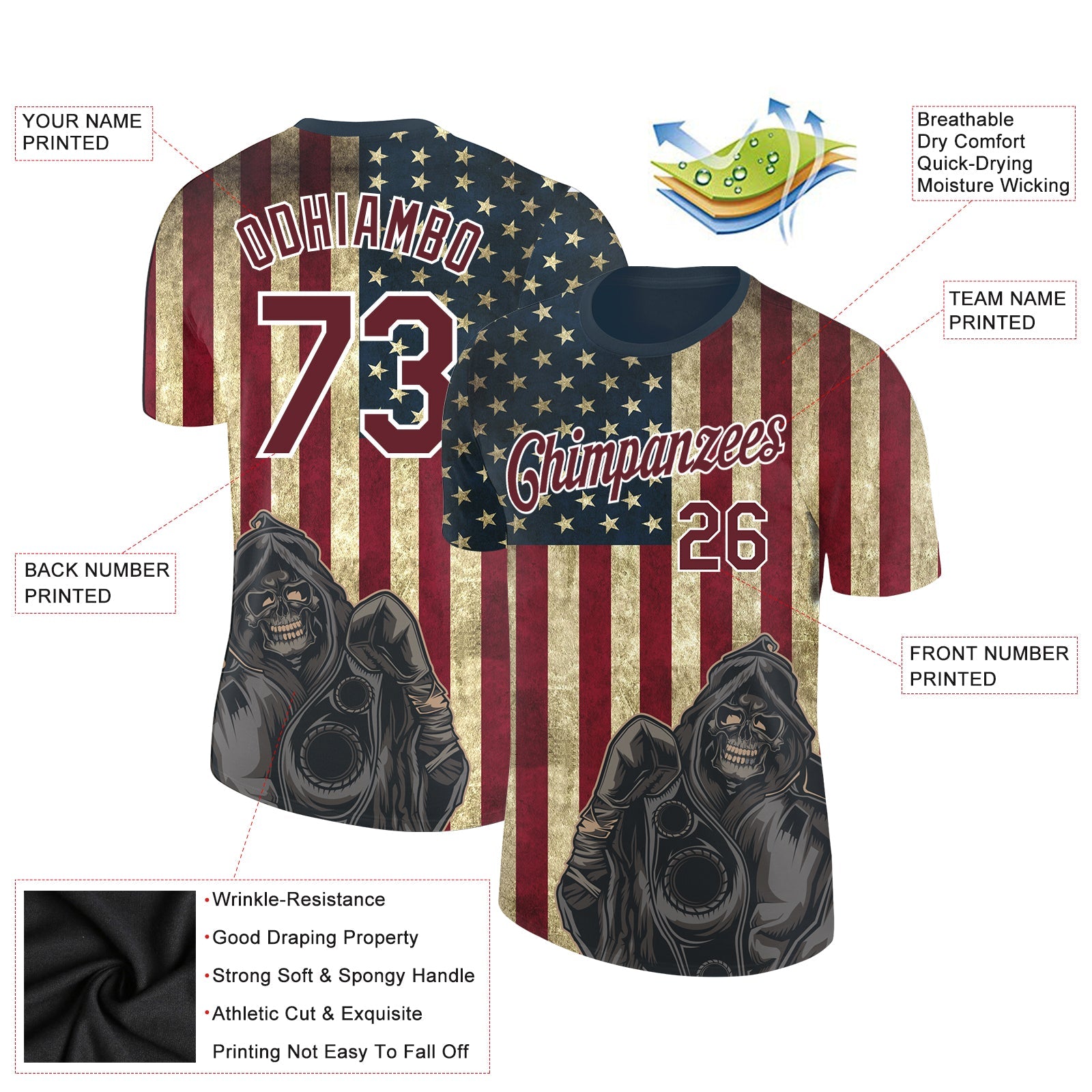 Custom Navy Crimson-White 3D Skull And American Flag Performance T-Shirt view 2