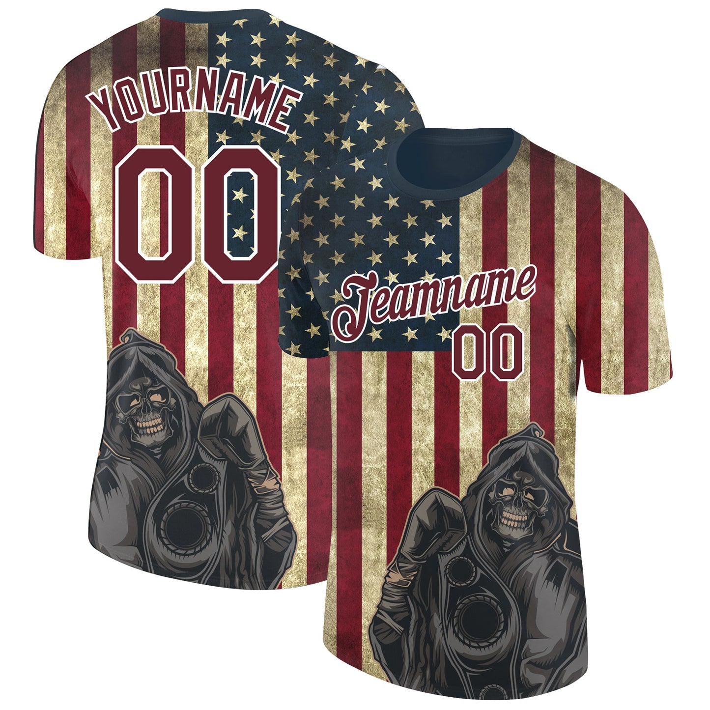 Custom Navy Crimson-White 3D Skull And American Flag Performance T-Shirt - Main View
