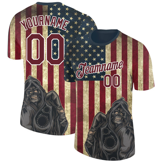 Custom Navy Crimson-White 3D Skull And American Flag Performance T-Shirt - Main View