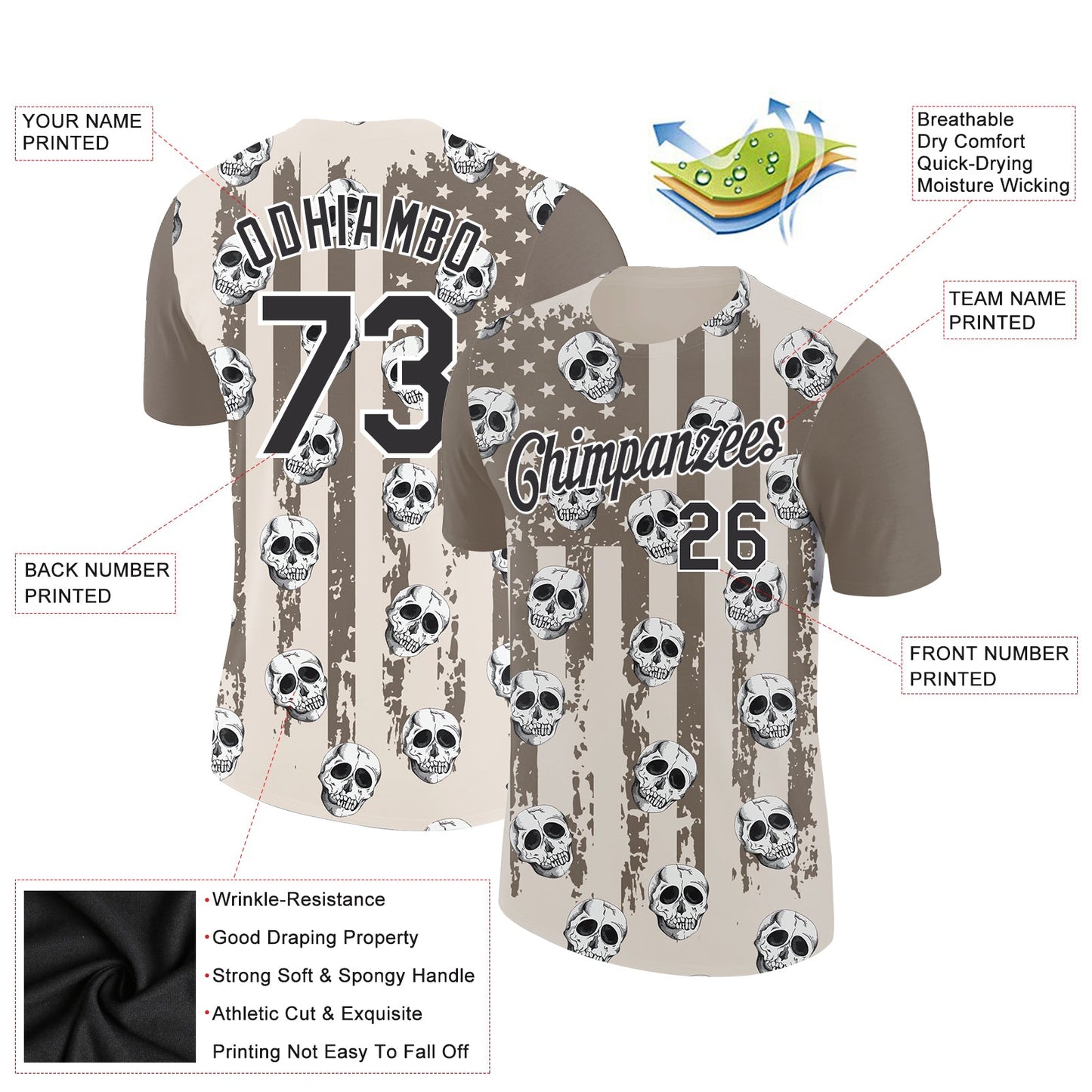 Custom City Cream Black-White 3D Skull And American Flag Performance T-Shirt view 2