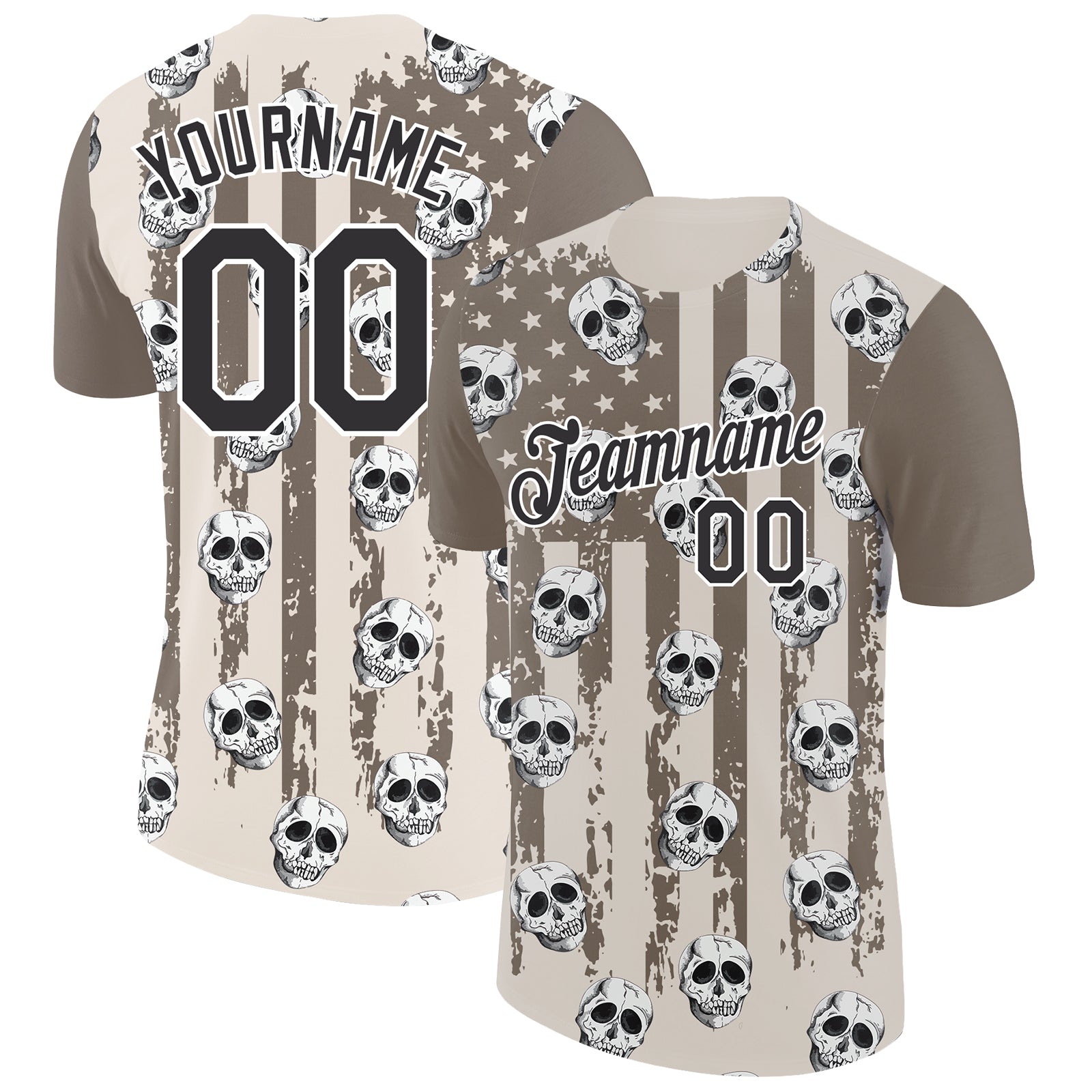Custom City Cream Black-White 3D Skull And American Flag Performance T-Shirt - Main View