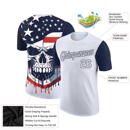 Custom White Navy 3D Skull With American Flag Performance T-Shirt view 2