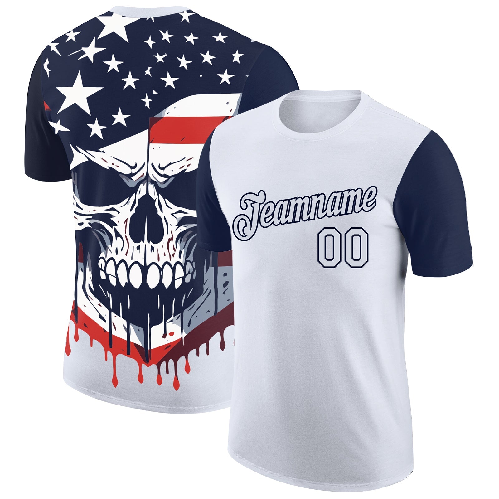 Custom White Navy 3D Skull With American Flag Performance T-Shirt - Main View