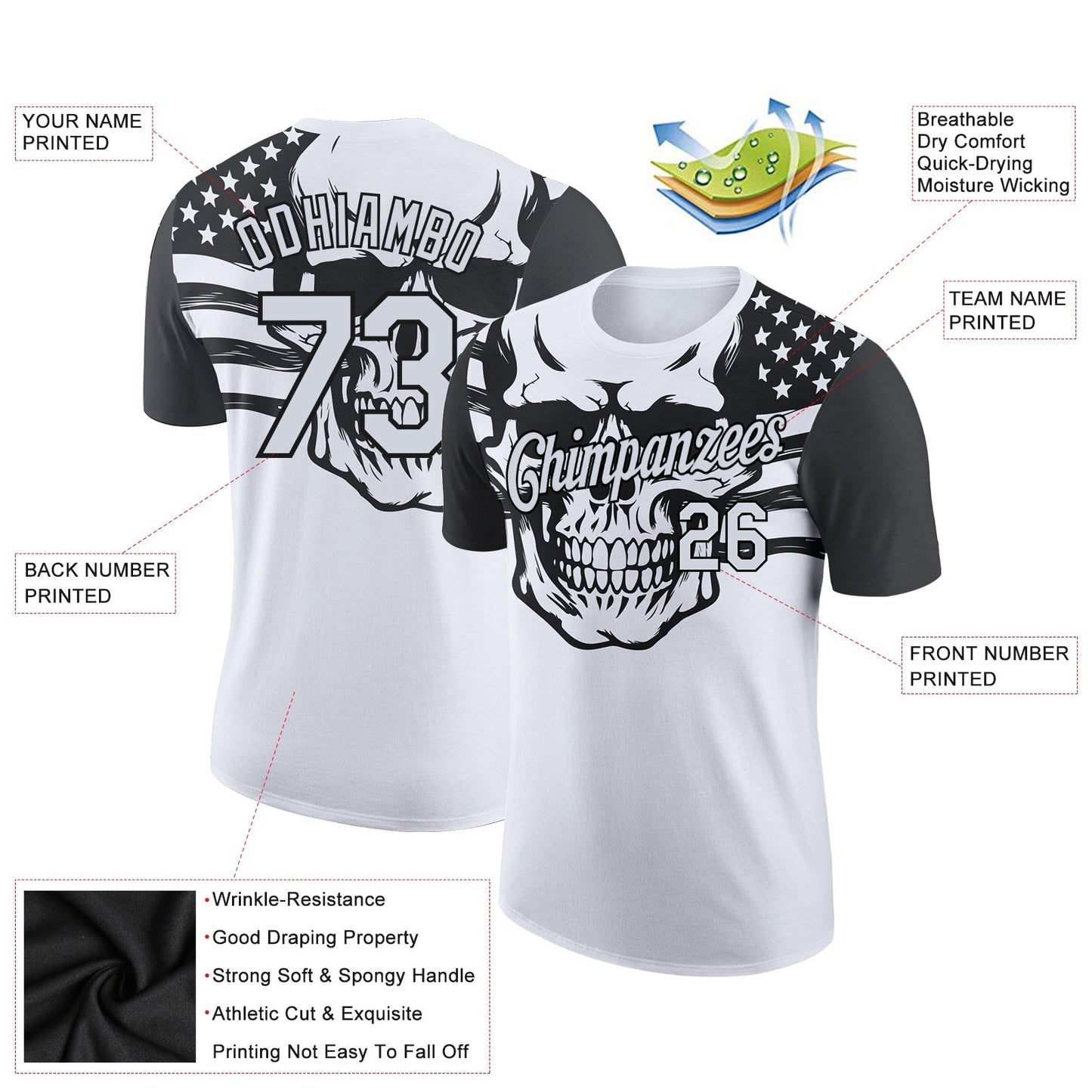 Custom White Black 3D Skull With American Flag Performance T-Shirt view 2