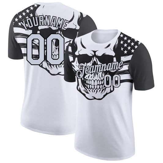 Custom White Black 3D Skull With American Flag Performance T-Shirt - Main View