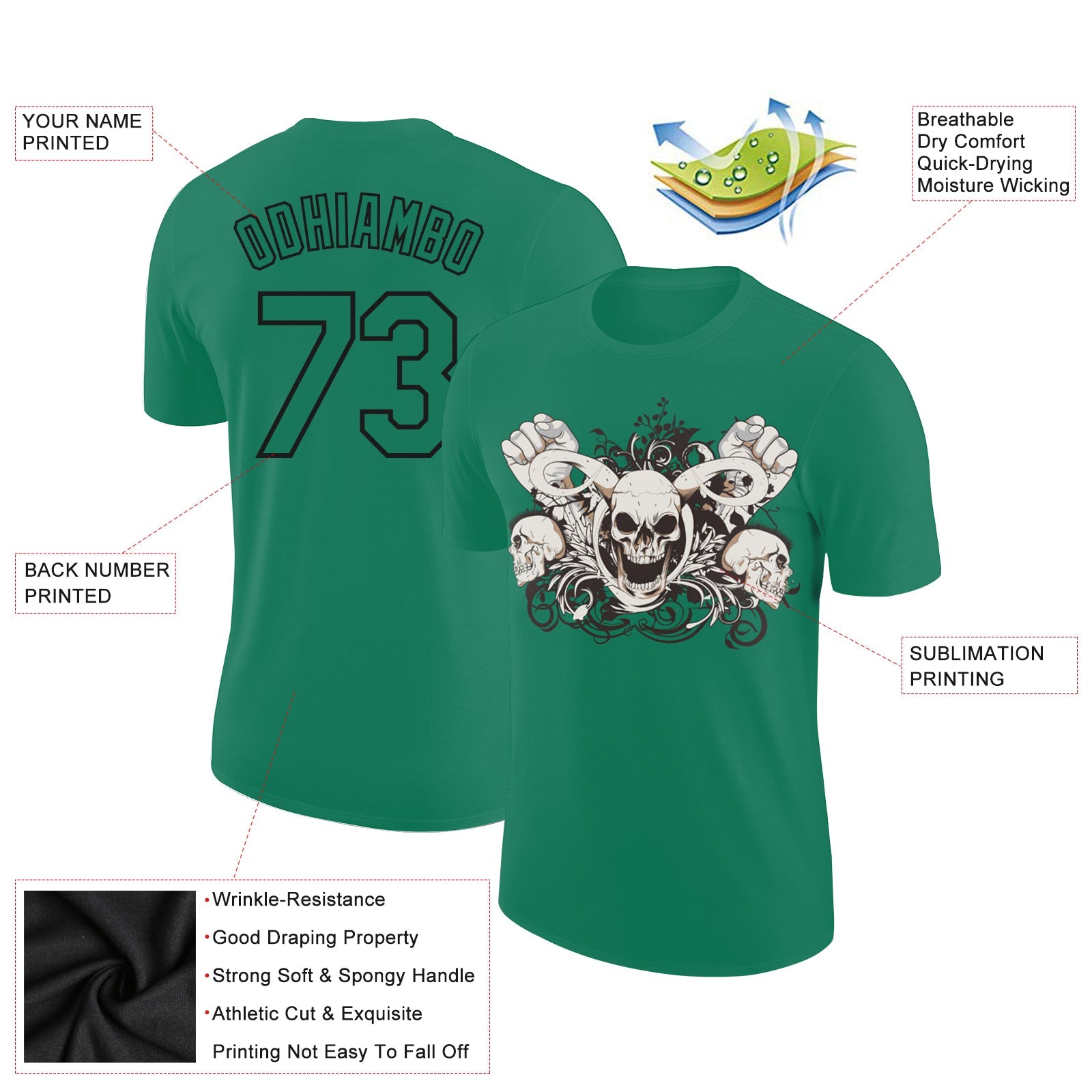 Custom Kelly Green Black 3D Skull Fashion Performance T-Shirt view 2