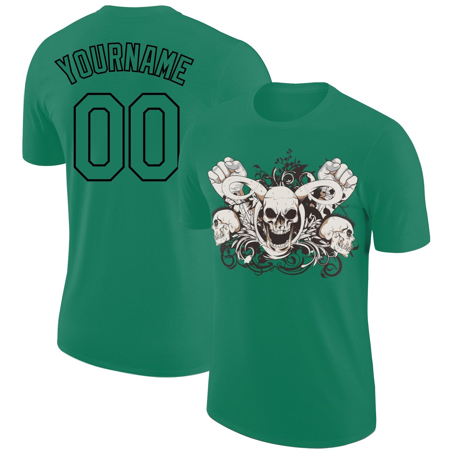 Custom Kelly Green Black 3D Skull Fashion Performance T-Shirt - Main View