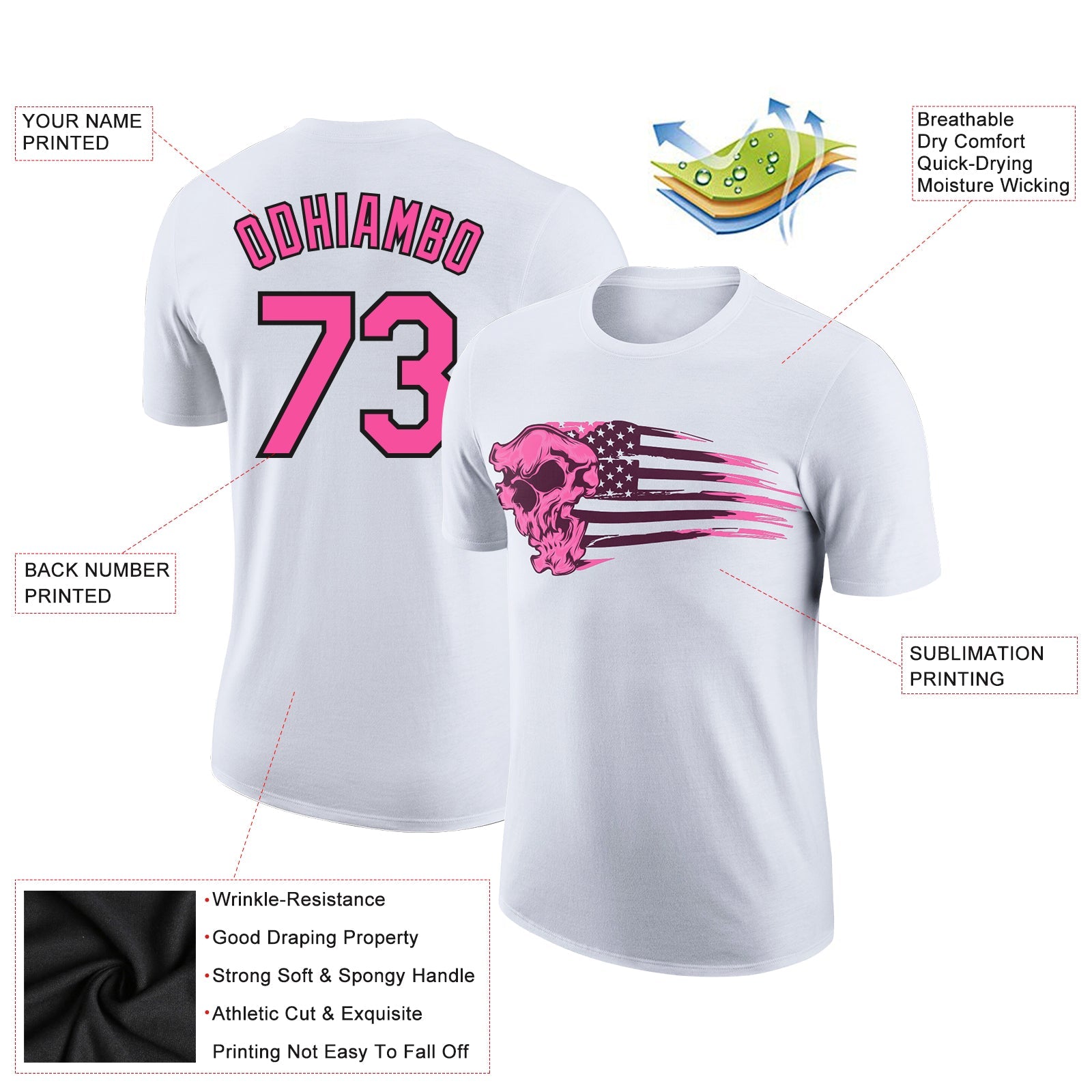 Custom White Pink-Black 3D Skull With American Flag Performance T-Shirt view 2