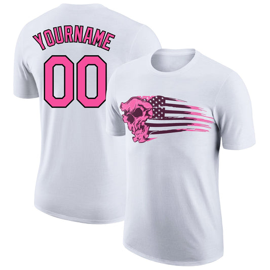 Custom White Pink-Black 3D Skull With American Flag Performance T-Shirt - Main View