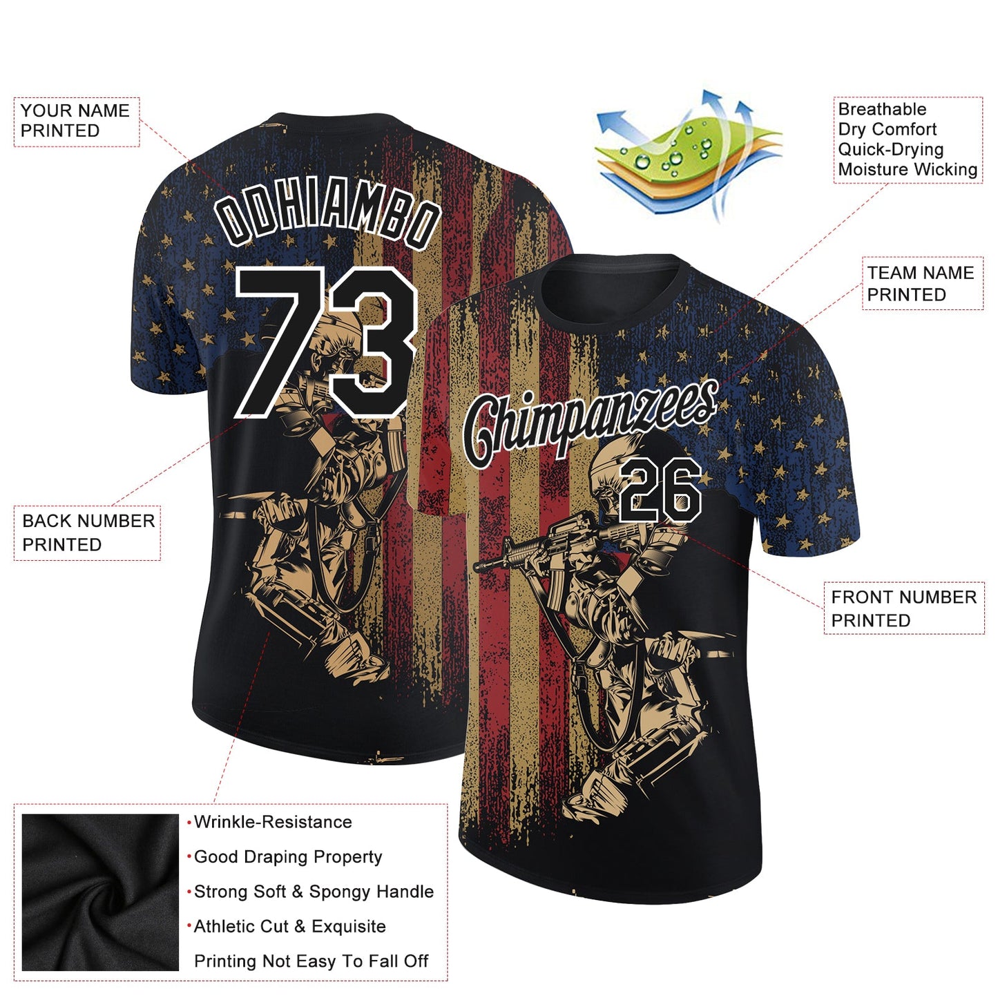 Custom Black White 3D Soldier And American Flag Performance T-Shirt view 2