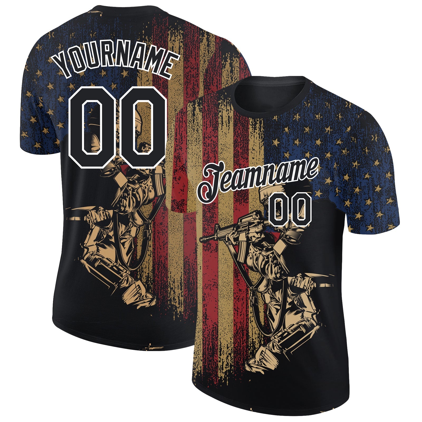 Custom Black White 3D Soldier And American Flag Performance T-Shirt - Main View
