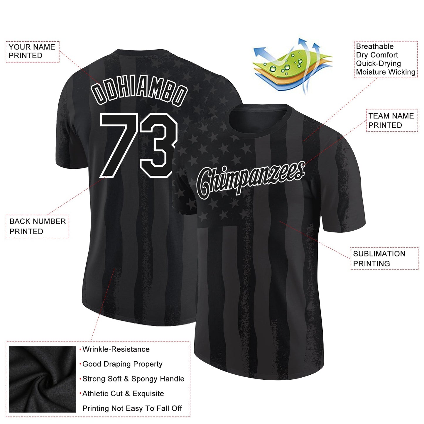 Custom Black White 3D Skull With American Flag Performance T-Shirt view 2