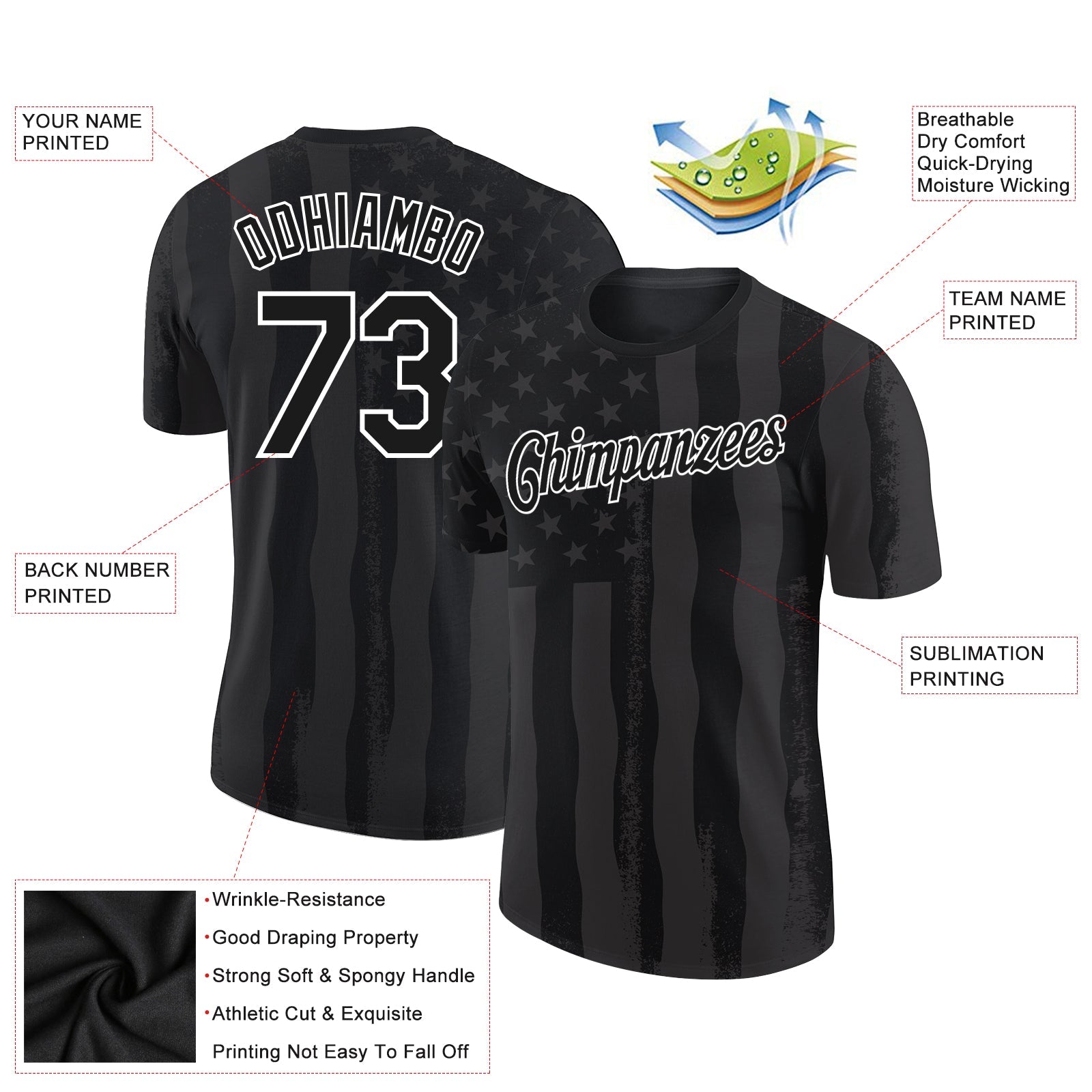 Custom Black White 3D Skull With American Flag Performance T-Shirt view 2
