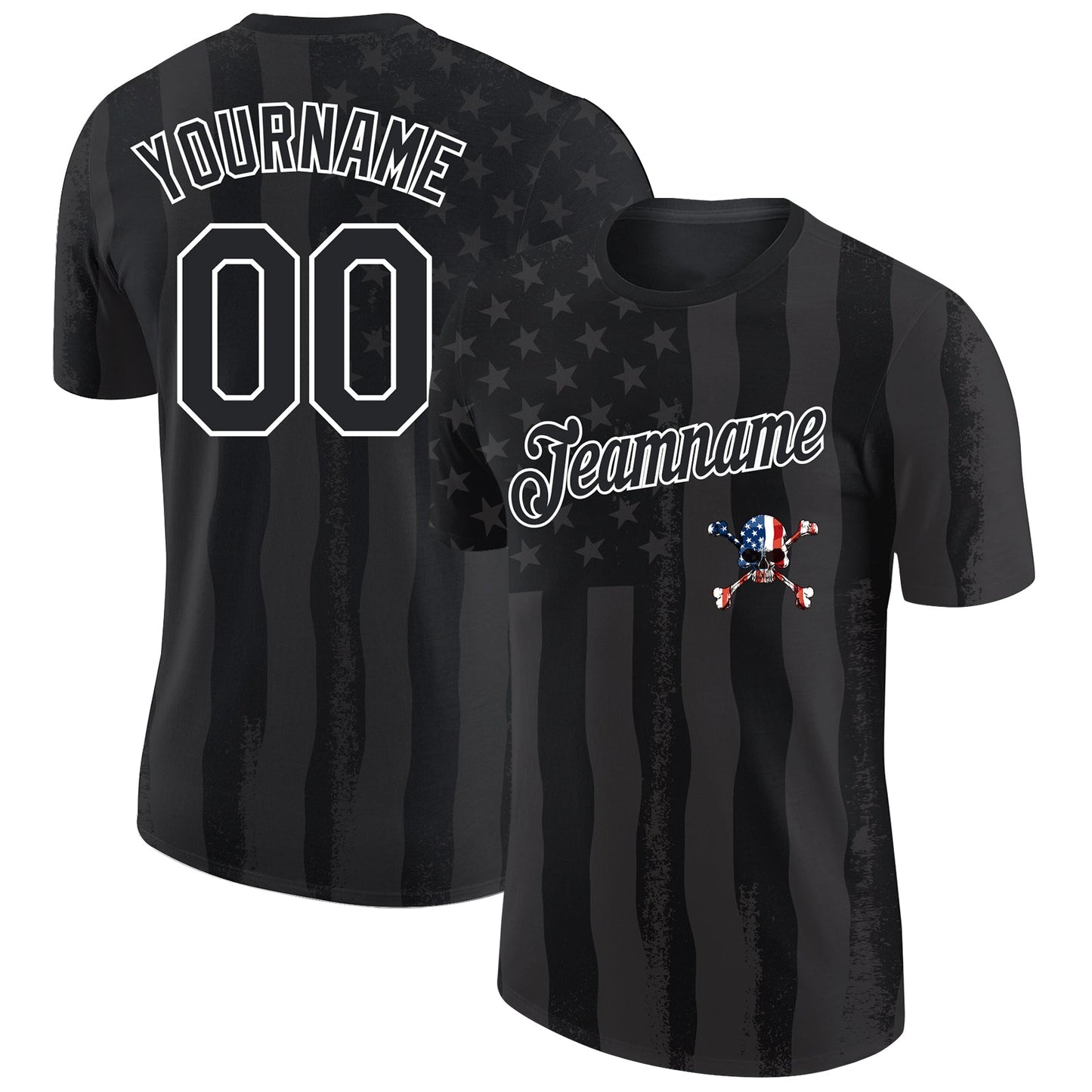Custom Black White 3D Skull With American Flag Performance T-Shirt - Main View