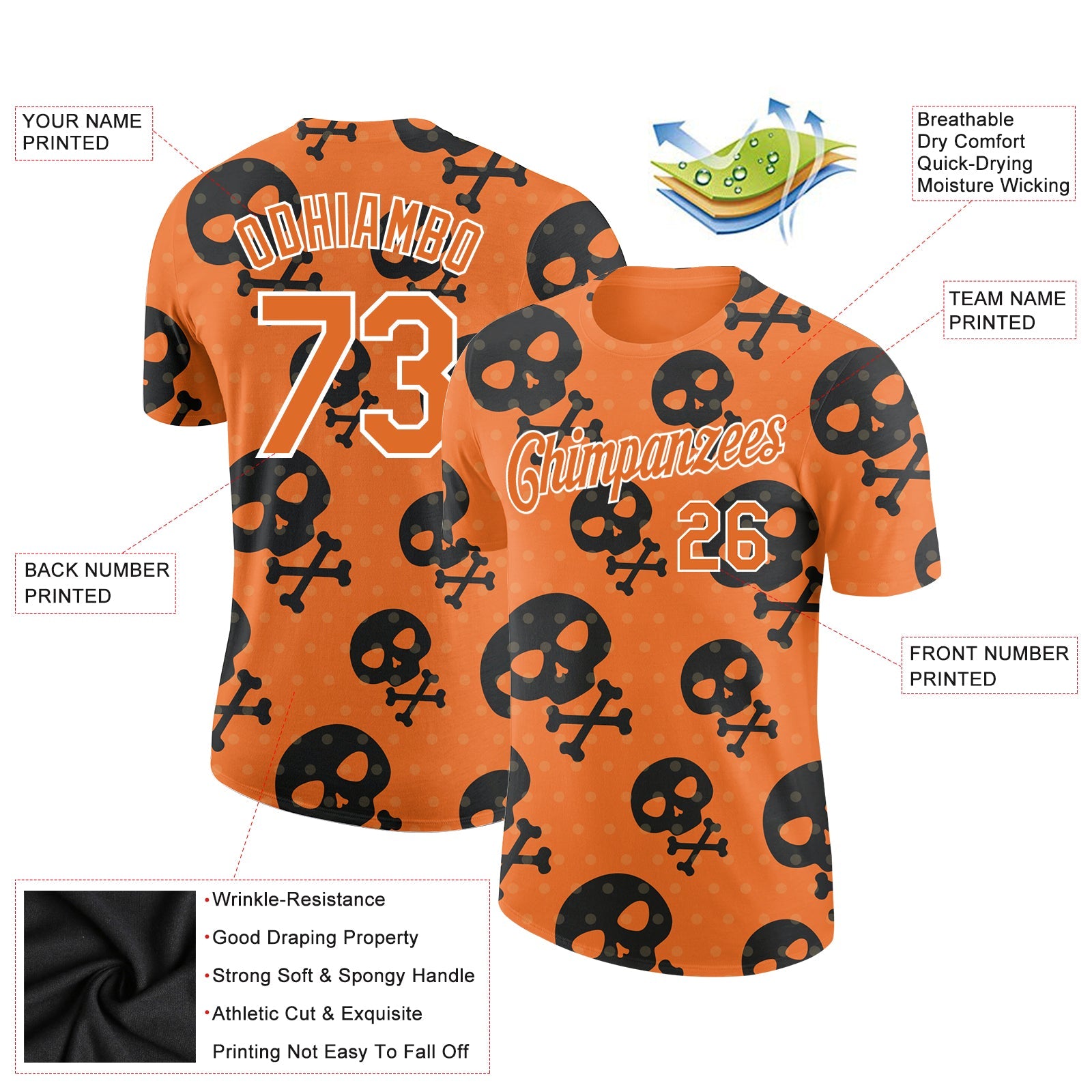 Custom Orange White 3D Skull Fashion Performance T-Shirt view 2