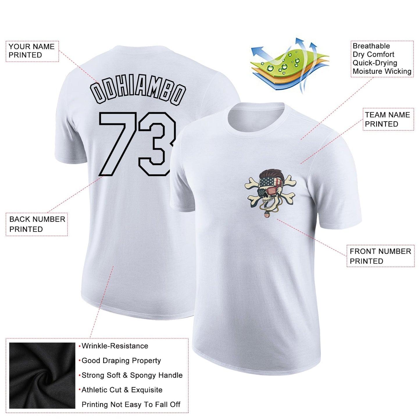Custom White Black 3D Skull With American Flag Performance T-Shirt view 2