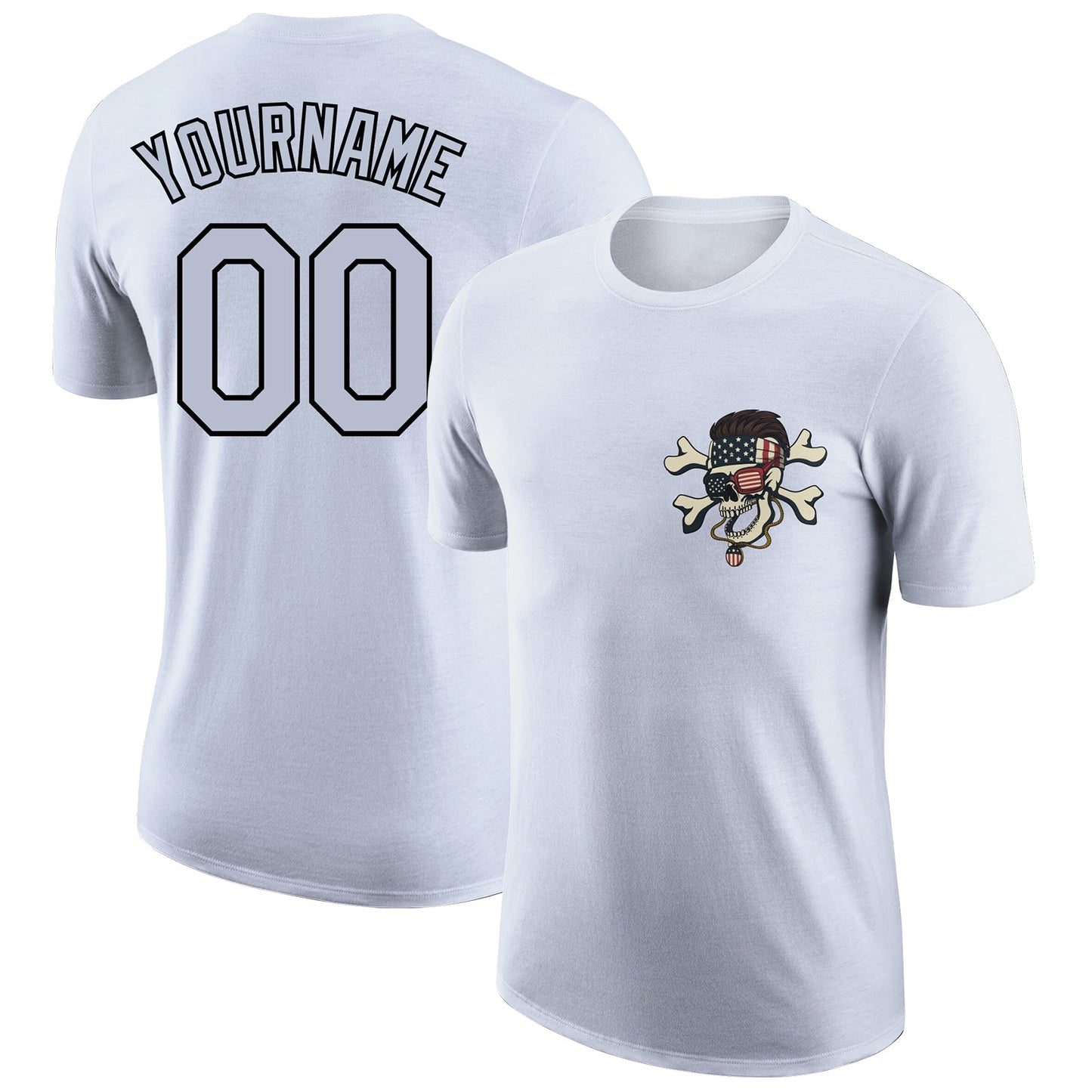Custom White Black 3D Skull With American Flag Performance T-Shirt - Main View