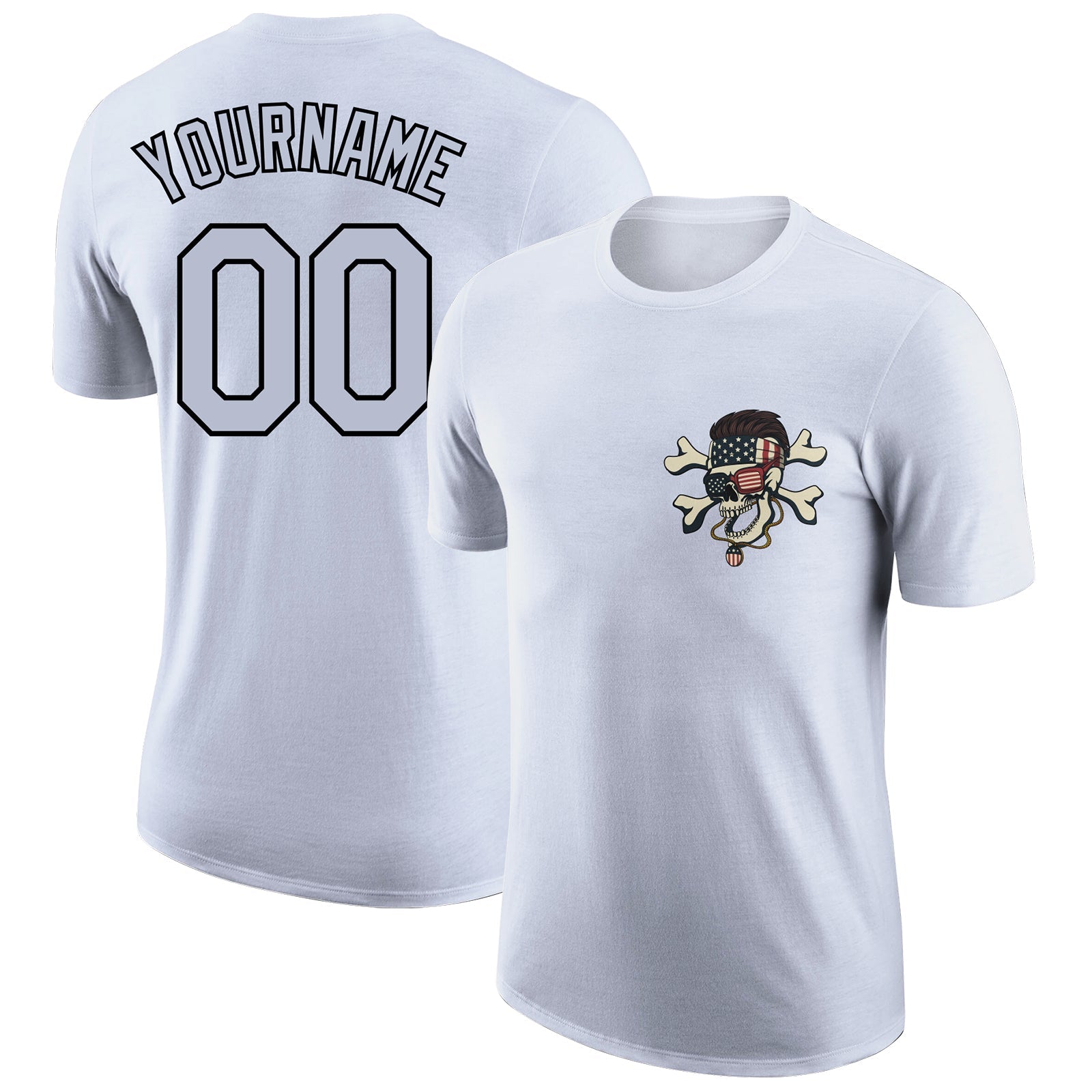 Custom White Black 3D Skull With American Flag Performance T-Shirt - Main View