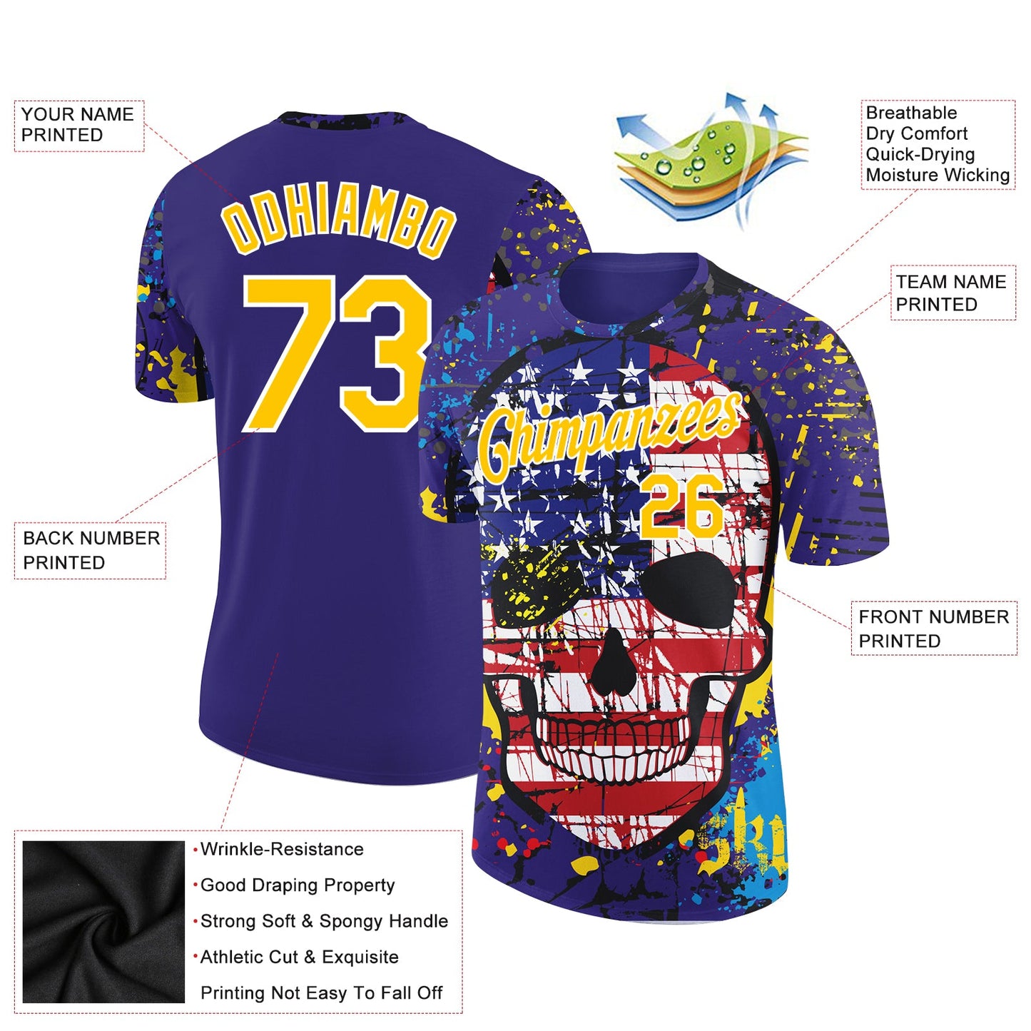 Custom Dark Purple Yellow-White 3D Skull With American Flag Performance T-Shirt view 2