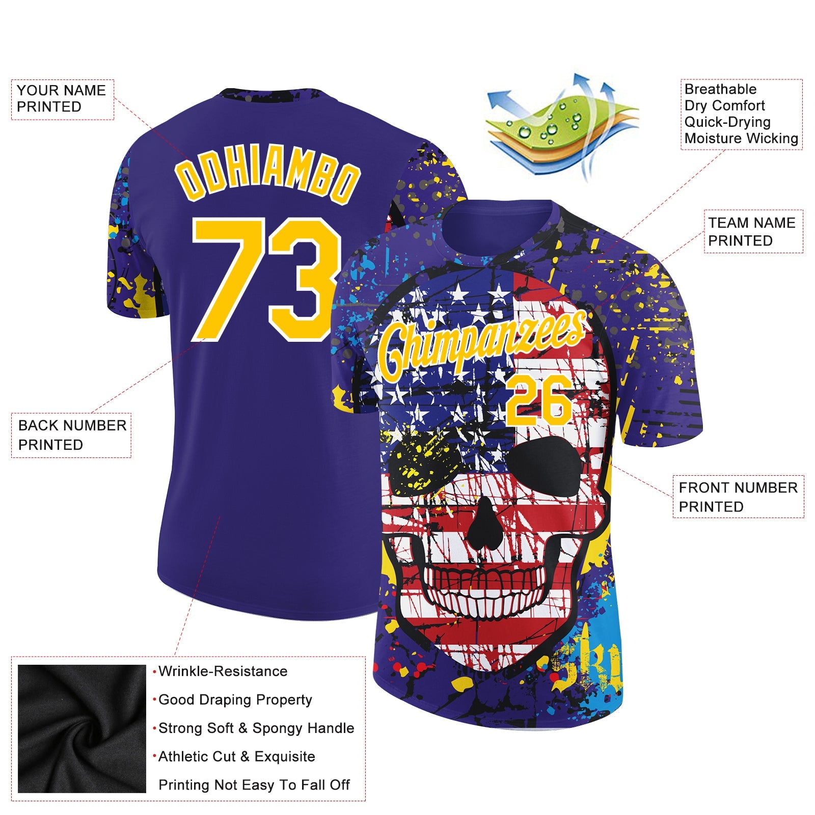 Custom Dark Purple Yellow-White 3D Skull With American Flag Performance T-Shirt view 2