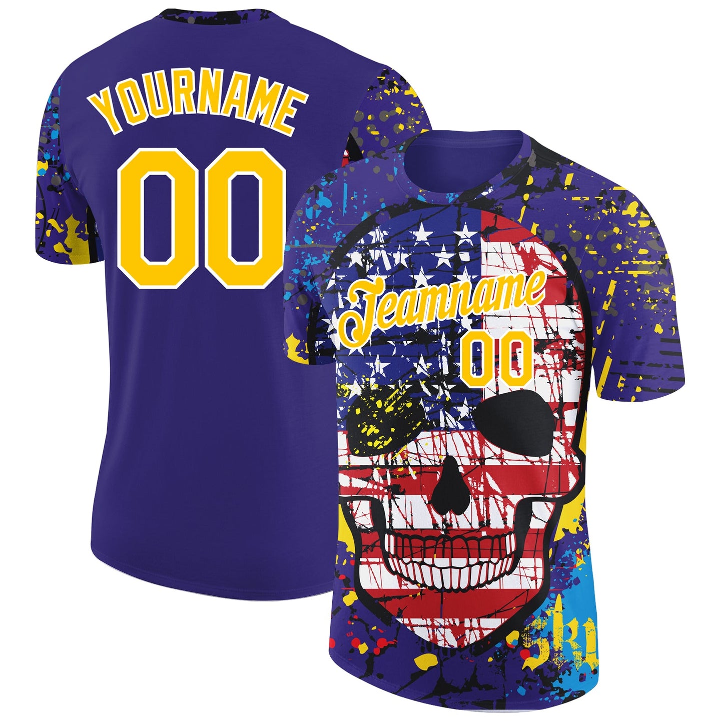Custom Dark Purple Yellow-White 3D Skull With American Flag Performance T-Shirt - Main View