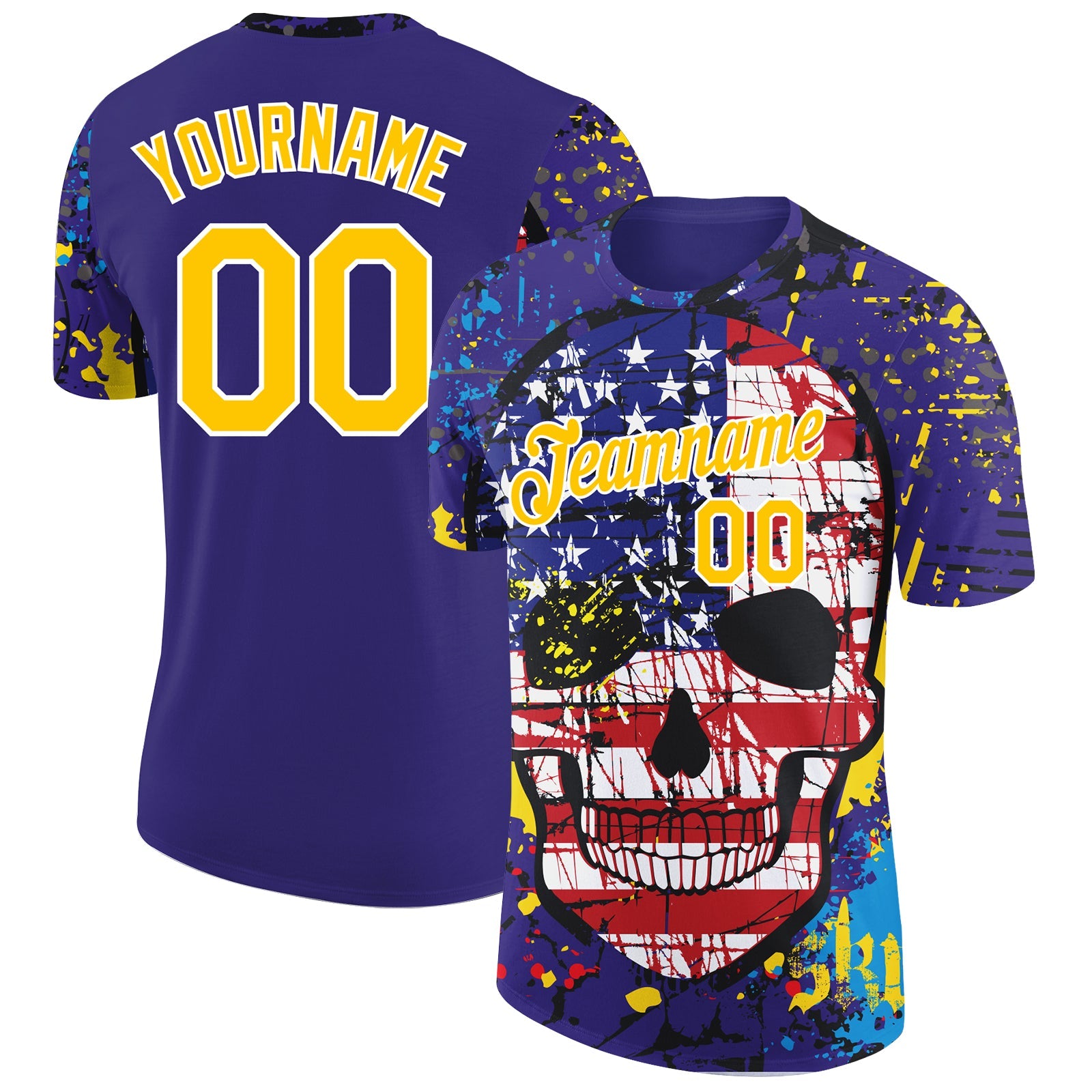 Custom Dark Purple Yellow-White 3D Skull With American Flag Performance T-Shirt - Main View