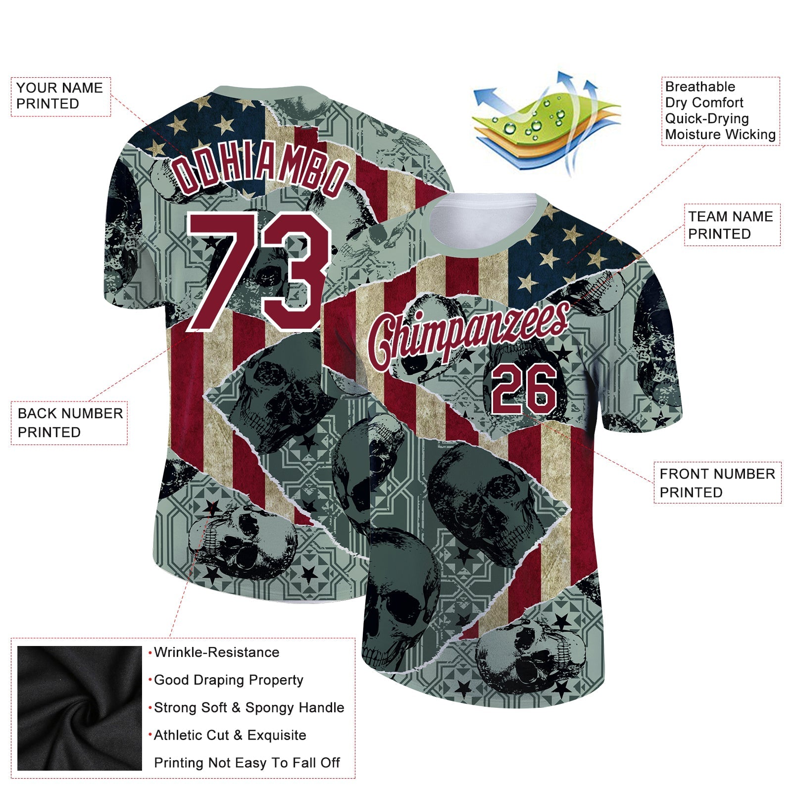 Custom Green Crimson-White 3D Skull With American Flag Performance T-Shirt view 2
