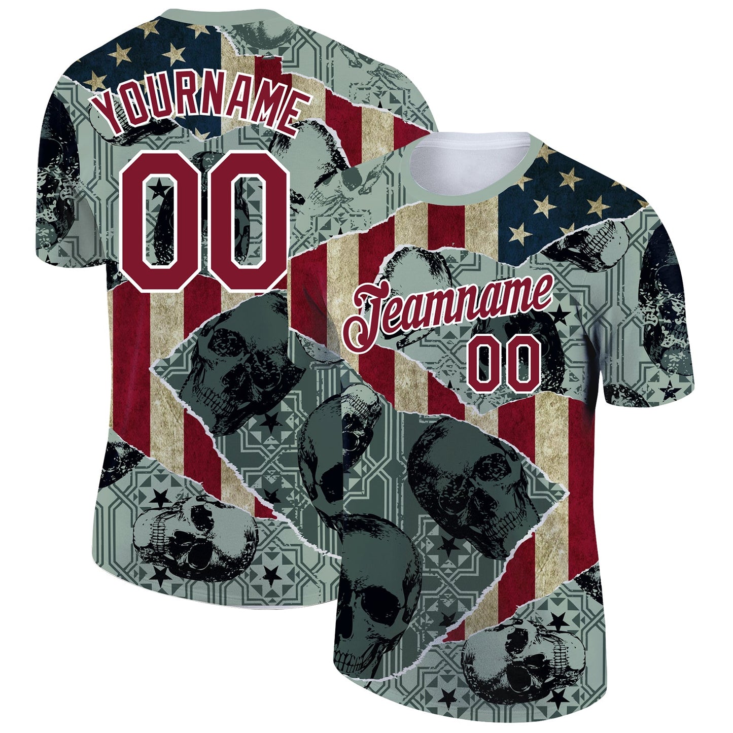 Custom Green Crimson-White 3D Skull With American Flag Performance T-Shirt - Main View