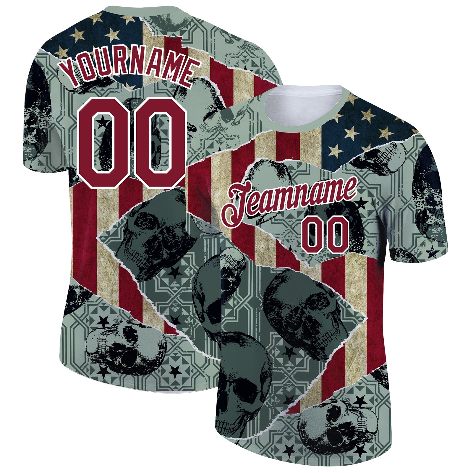 Custom Green Crimson-White 3D Skull With American Flag Performance T-Shirt - Main View