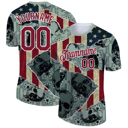 Custom Green Crimson-White 3D Skull With American Flag Performance T-Shirt - Main View