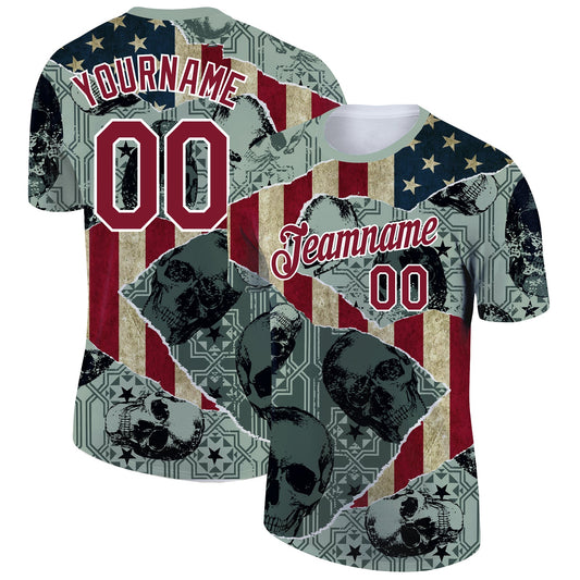 Custom Green Crimson-White 3D Skull With American Flag Performance T-Shirt - Main View