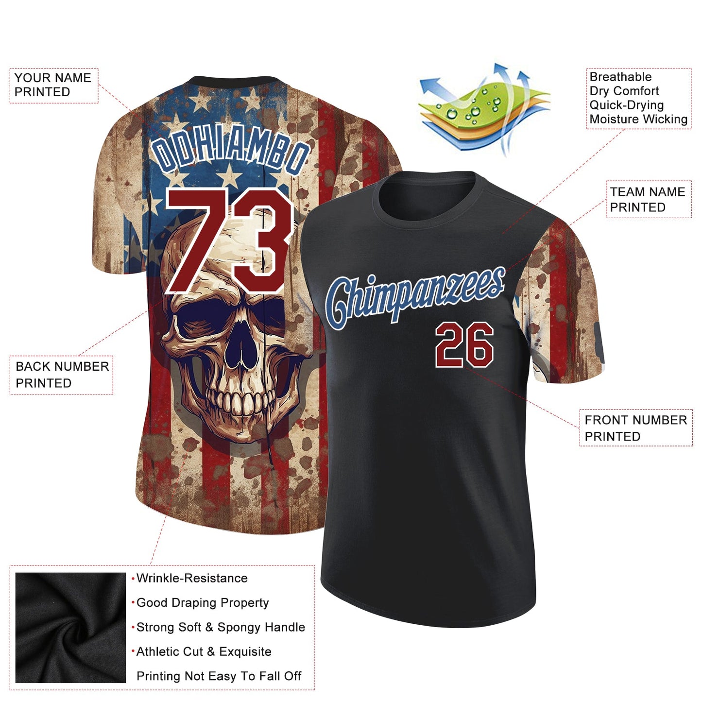 Custom Black Crimson-Blue 3D Skull With American Flag Performance T-Shirt view 2