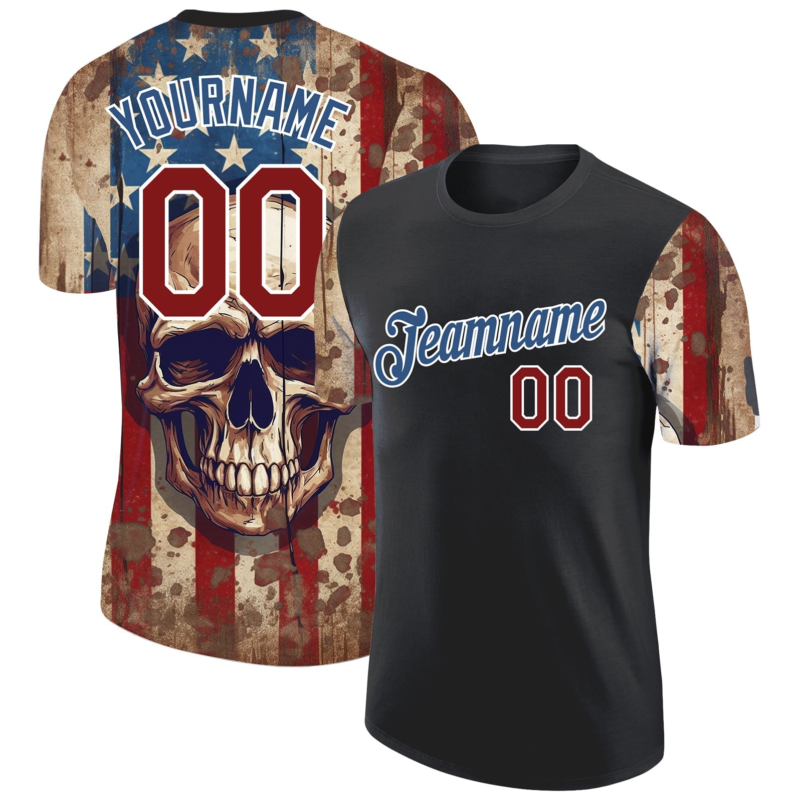 Custom Black Crimson-Blue 3D Skull With American Flag Performance T-Shirt - Main View
