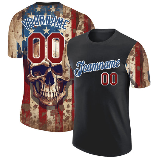 Custom Black Crimson-Blue 3D Skull With American Flag Performance T-Shirt - Main View