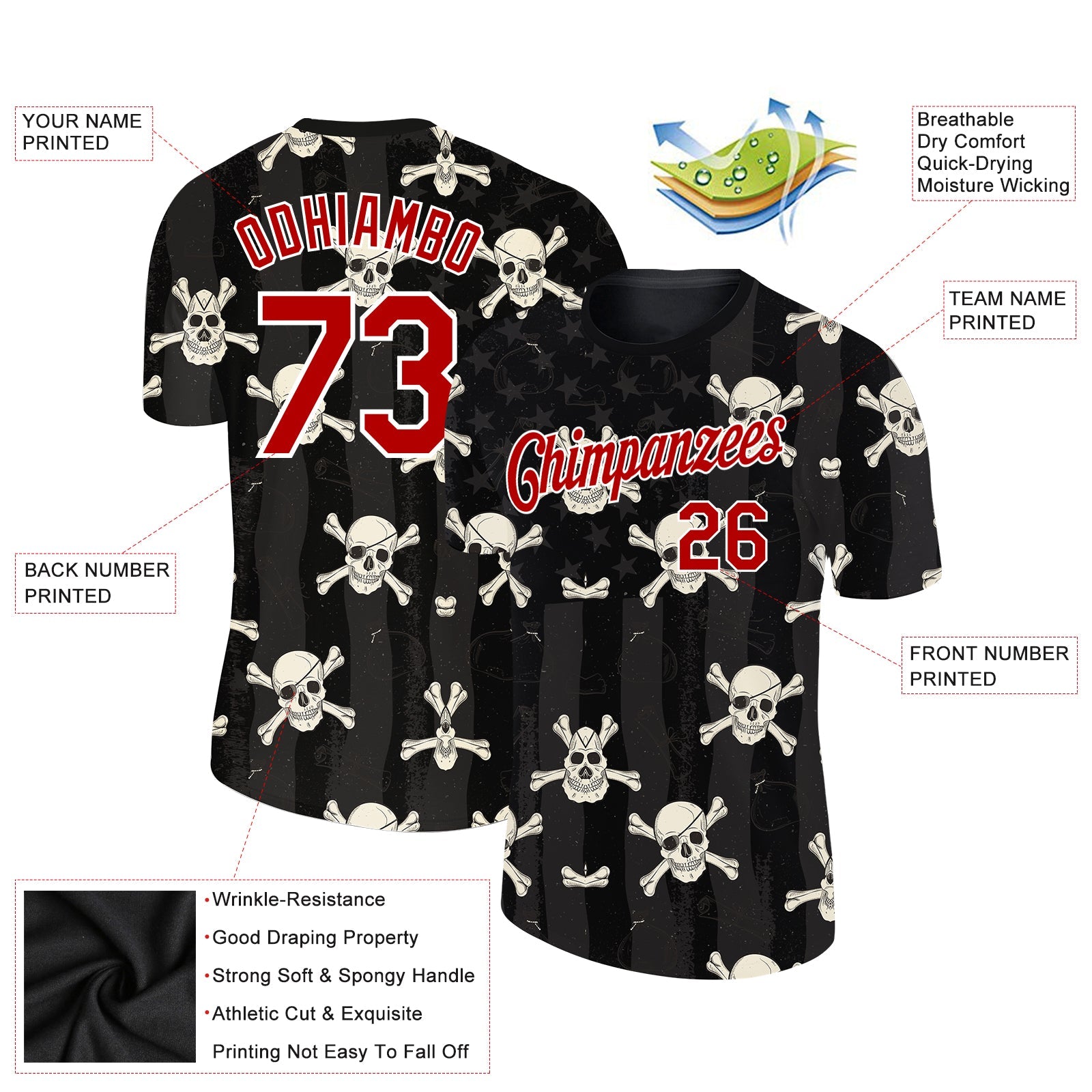 Custom Black Red-White 3D Skull Fashion Performance T-Shirt view 2