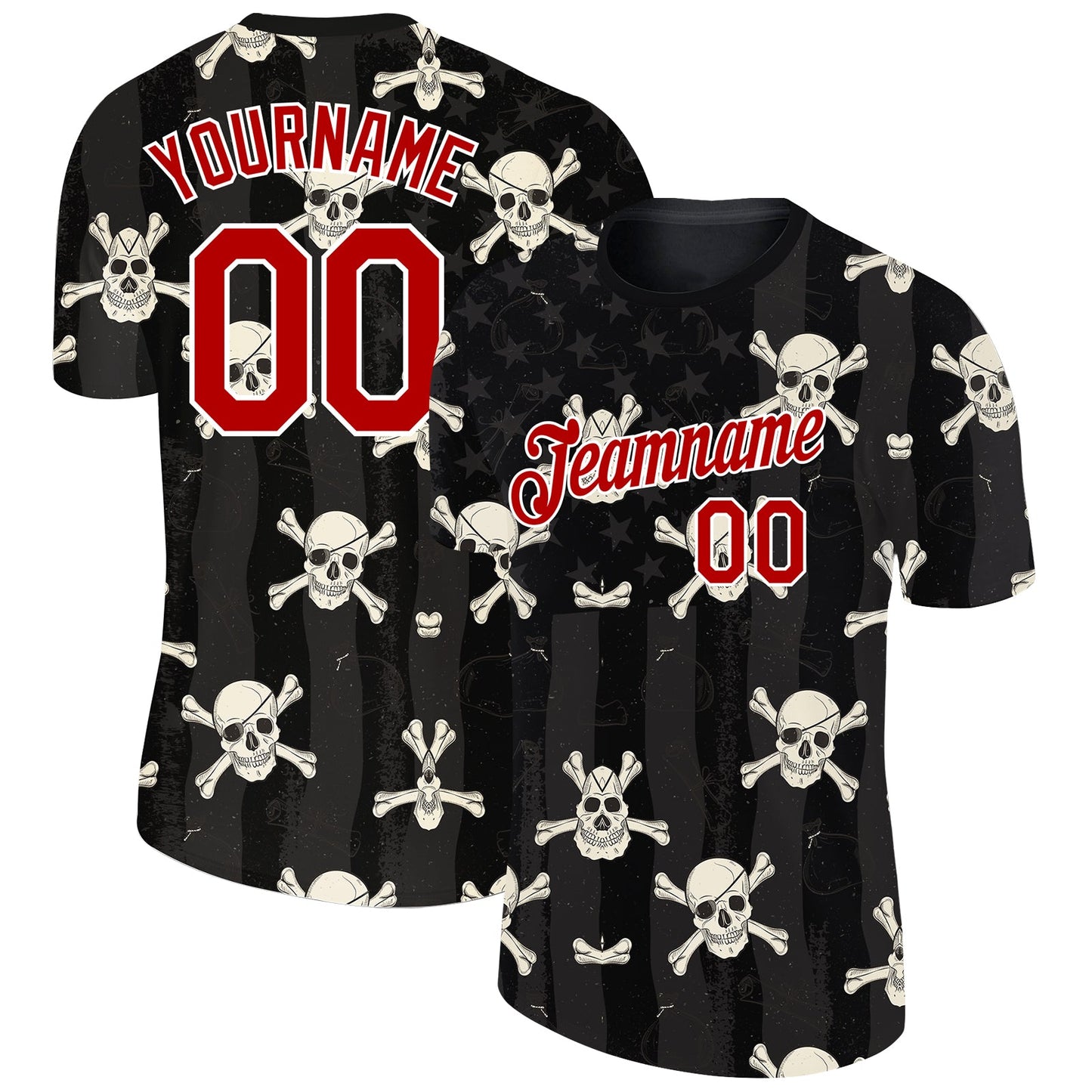 Custom Black Red-White 3D Skull Fashion Performance T-Shirt - Main View