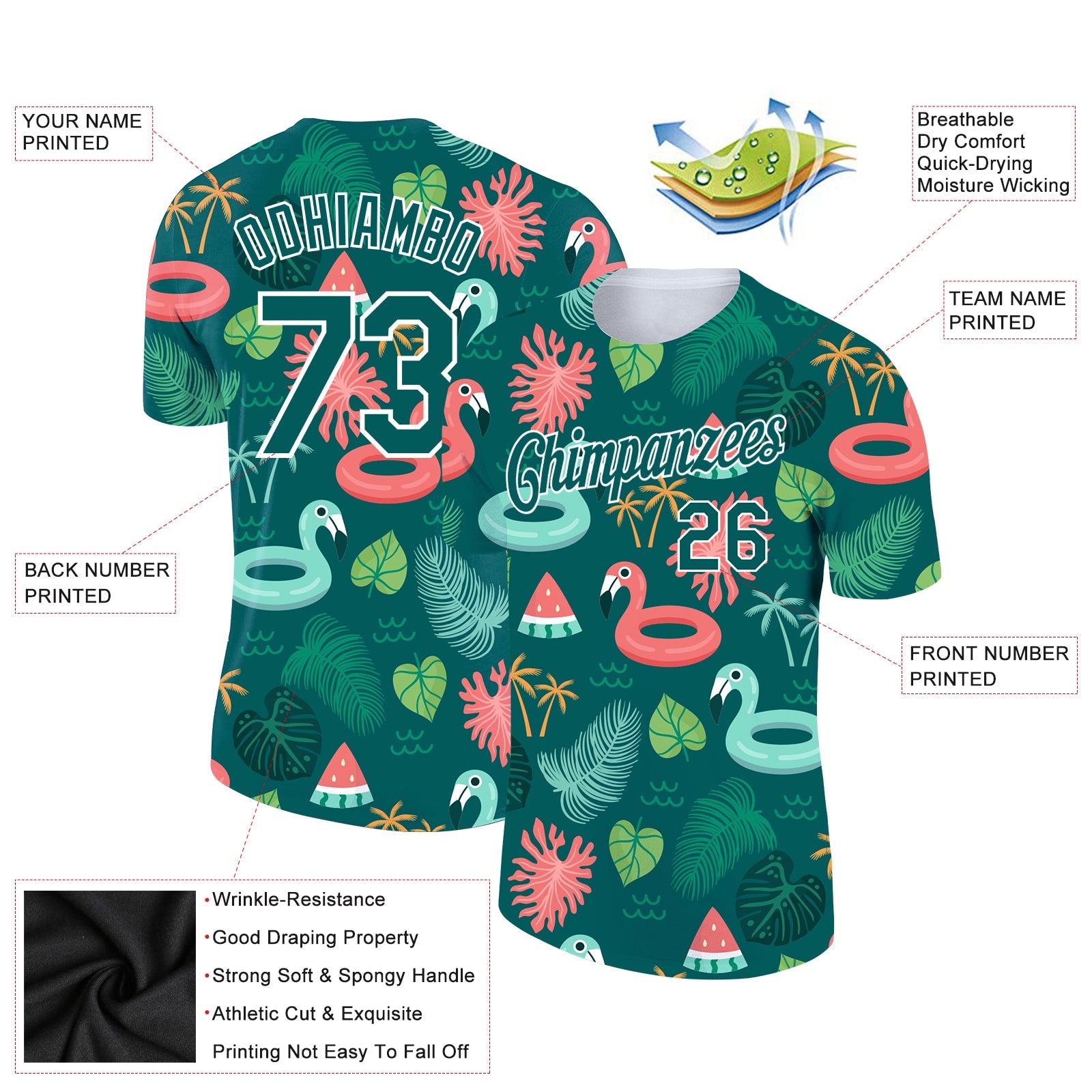 Custom Midnight Green White 3D Pattern Design Tropical Hawaii Flamingo Performance T-Shirt view 2