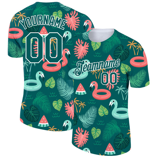 Custom Midnight Green White 3D Pattern Design Tropical Hawaii Flamingo Performance T-Shirt - Main View