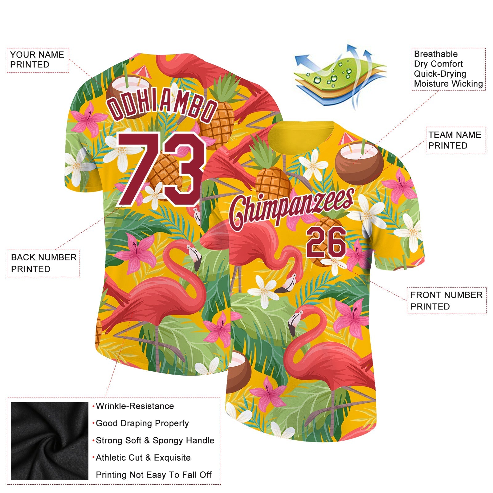 Custom Yellow Crimson-White 3D Pattern Design Tropical Hawaii Flamingo Performance T-Shirt view 2