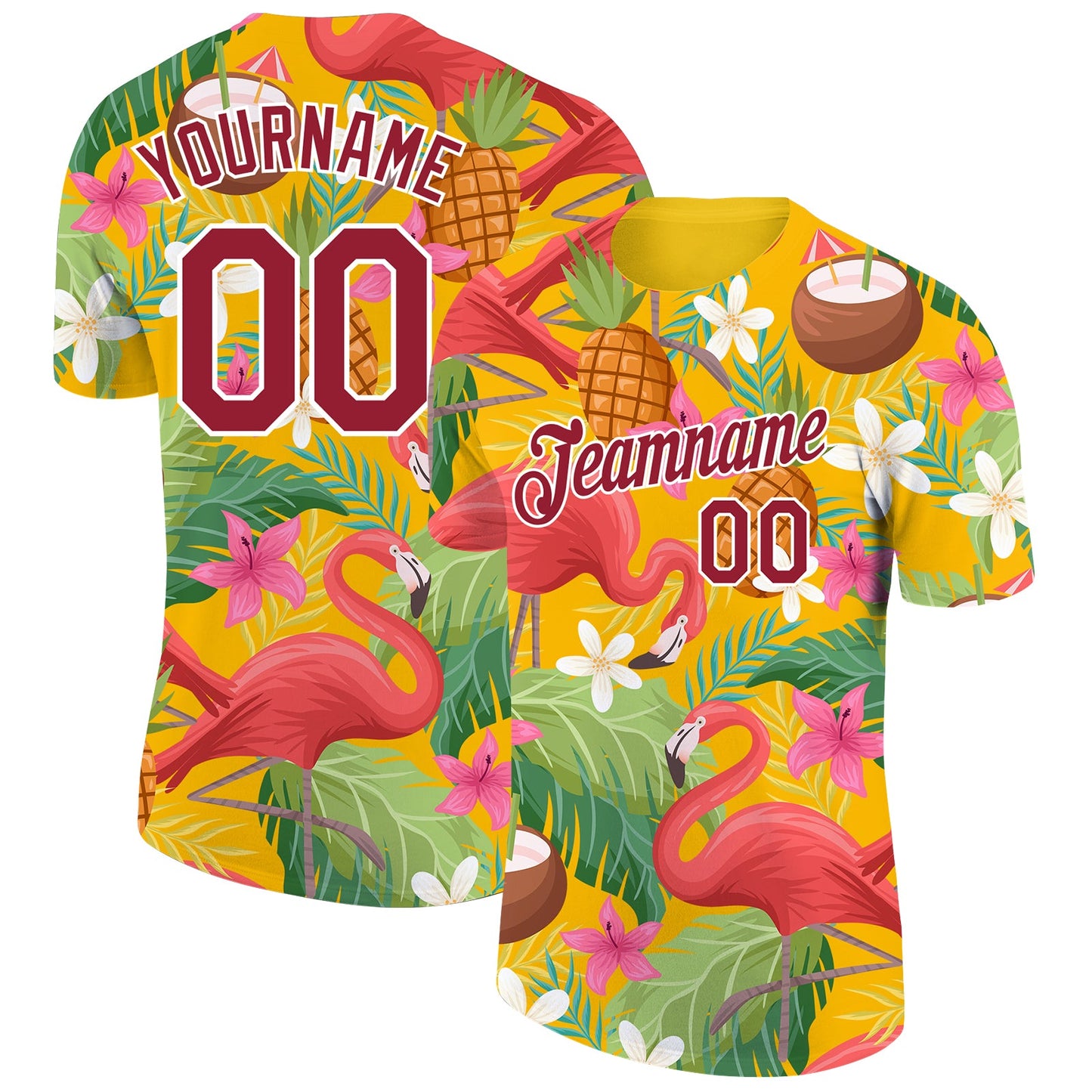 Custom Yellow Crimson-White 3D Pattern Design Tropical Hawaii Flamingo Performance T-Shirt - Main View