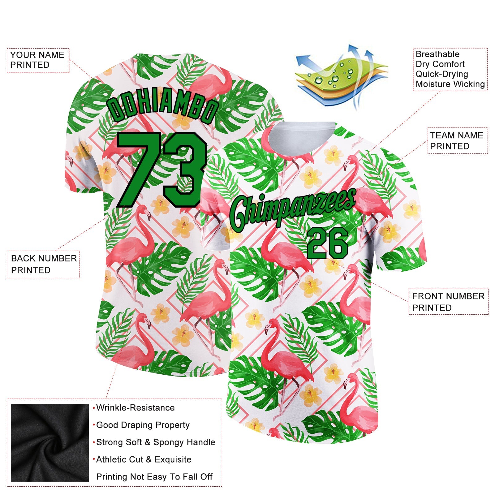 Custom White Grass Green-Black 3D Pattern Design Tropical Hawaii Flamingo Performance T-Shirt view 2