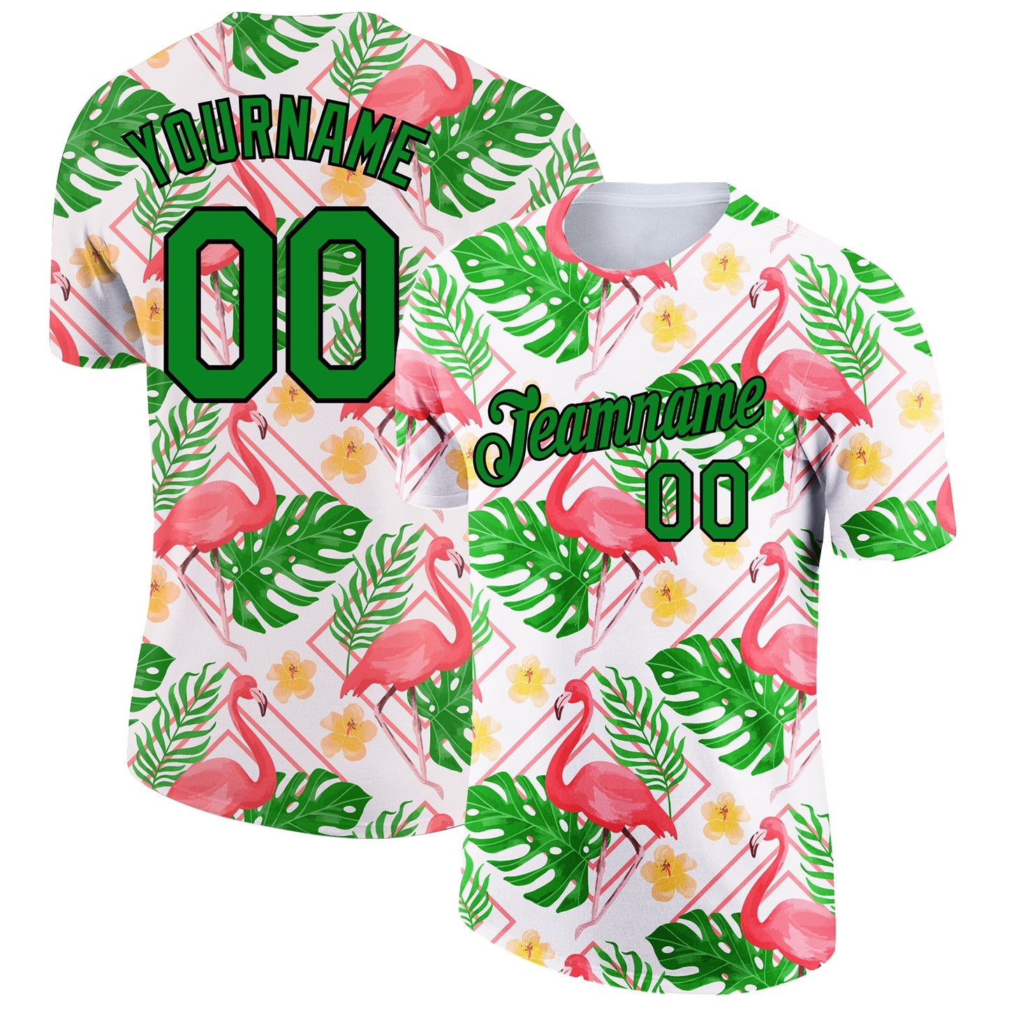 Custom White Grass Green-Black 3D Pattern Design Tropical Hawaii Flamingo Performance T-Shirt - Main View