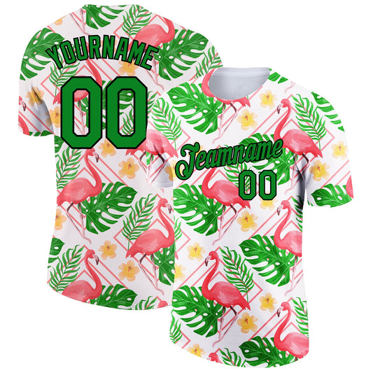 Custom White Grass Green-Black 3D Pattern Design Tropical Hawaii Flamingo Performance T-Shirt - Main View