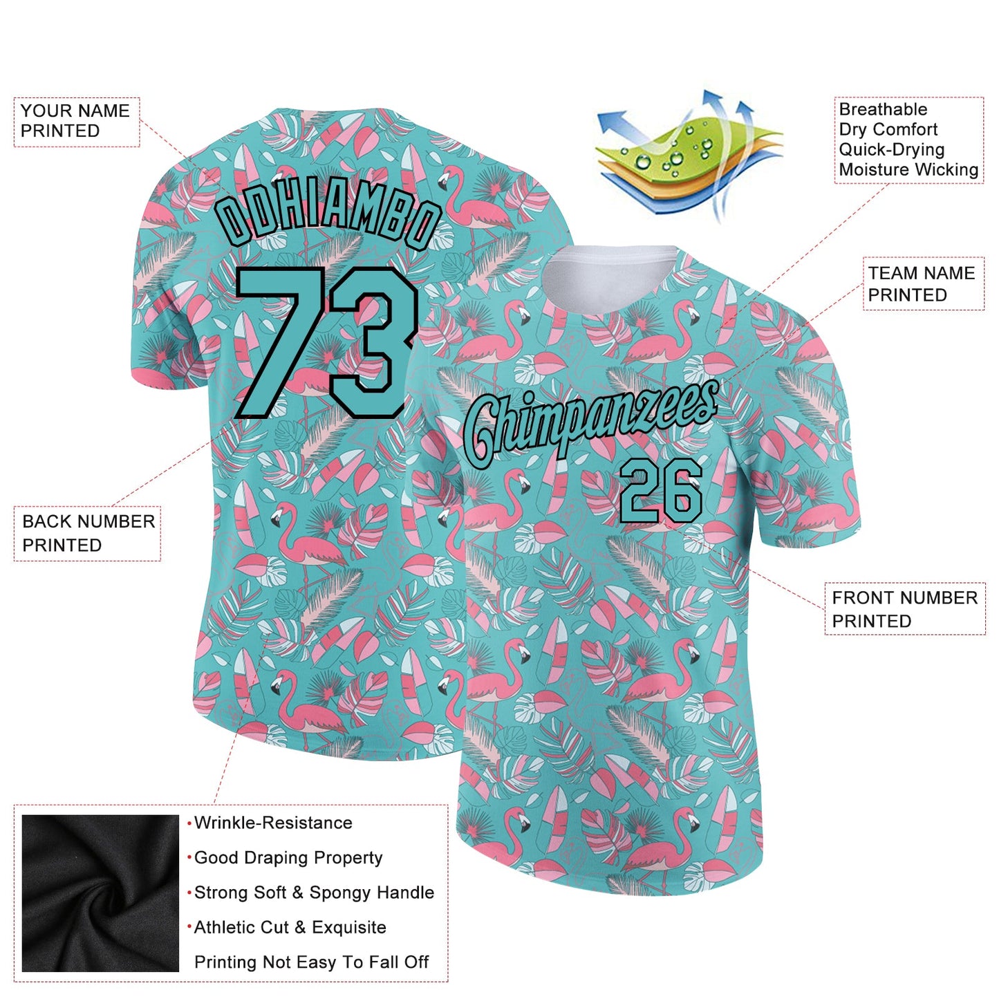 Custom Panther Blue Black 3D Pattern Design Tropical Hawaii Flamingo Performance T-Shirt view 2