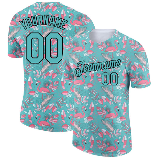 Custom Panther Blue Black 3D Pattern Design Tropical Hawaii Flamingo Performance T-Shirt - Main View